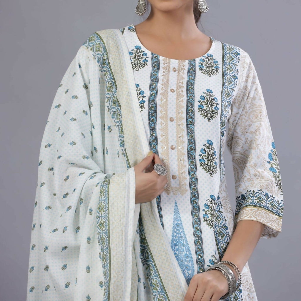 Juniper Women Blue Rayon Printed Kurta, Pants and Dupatta Set
