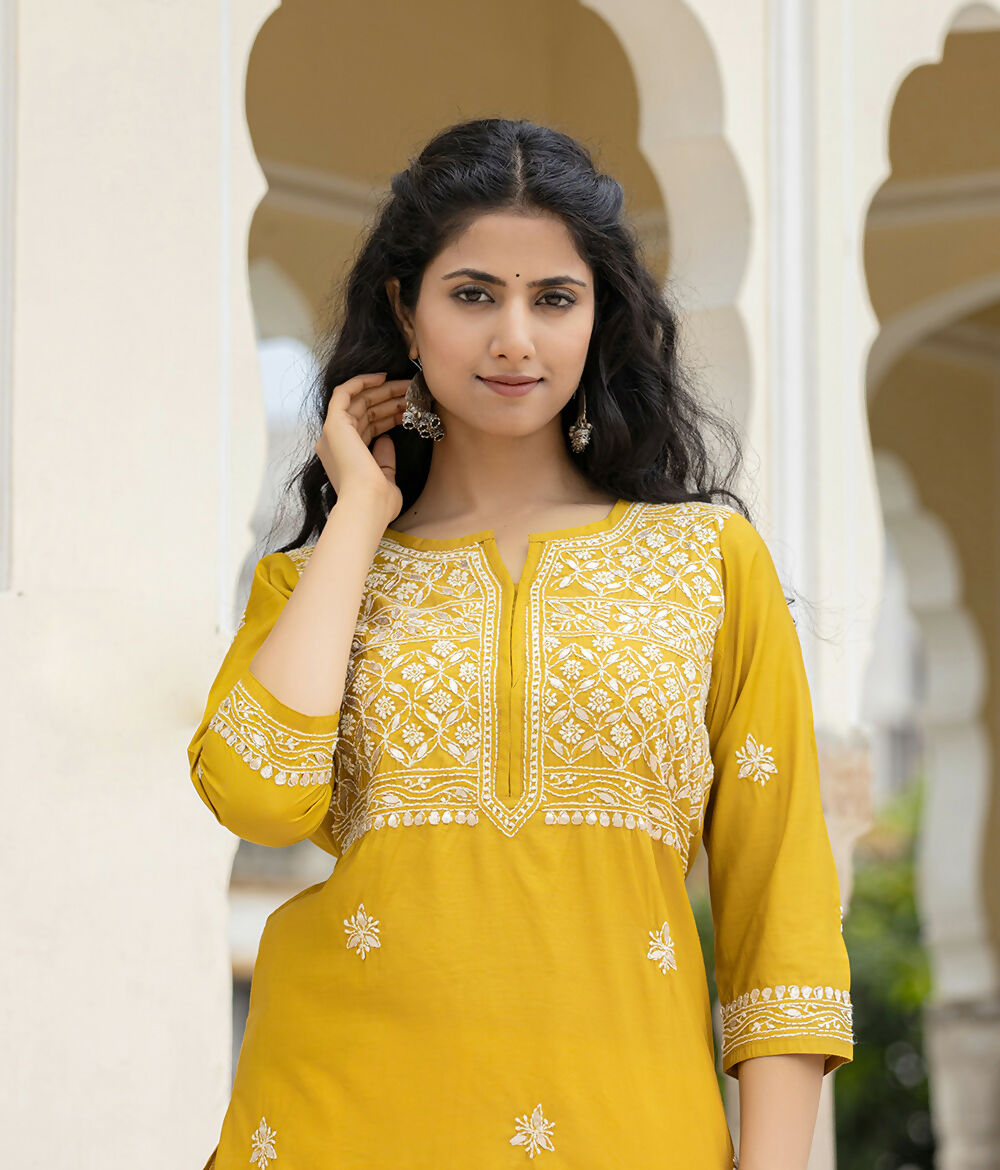 Kaajh Women's Mustard Chikhankari Embroidered Kurta Pant Set