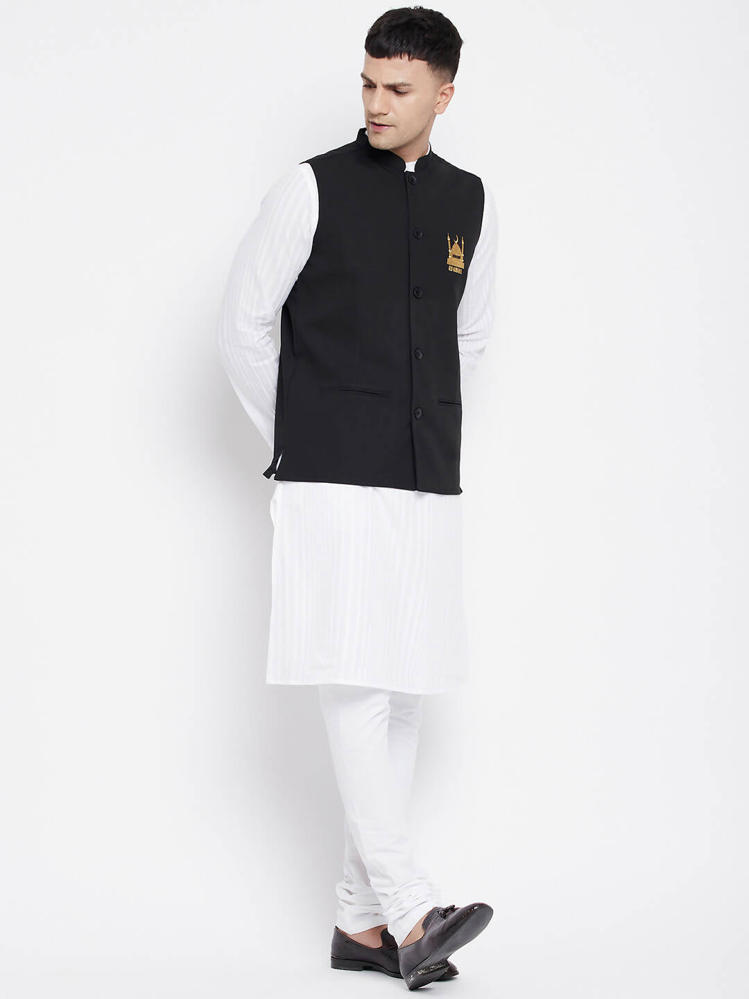 Even Apparels Black Pure Cotton White Kurta Sets With Eid Insignia Jackets PW66