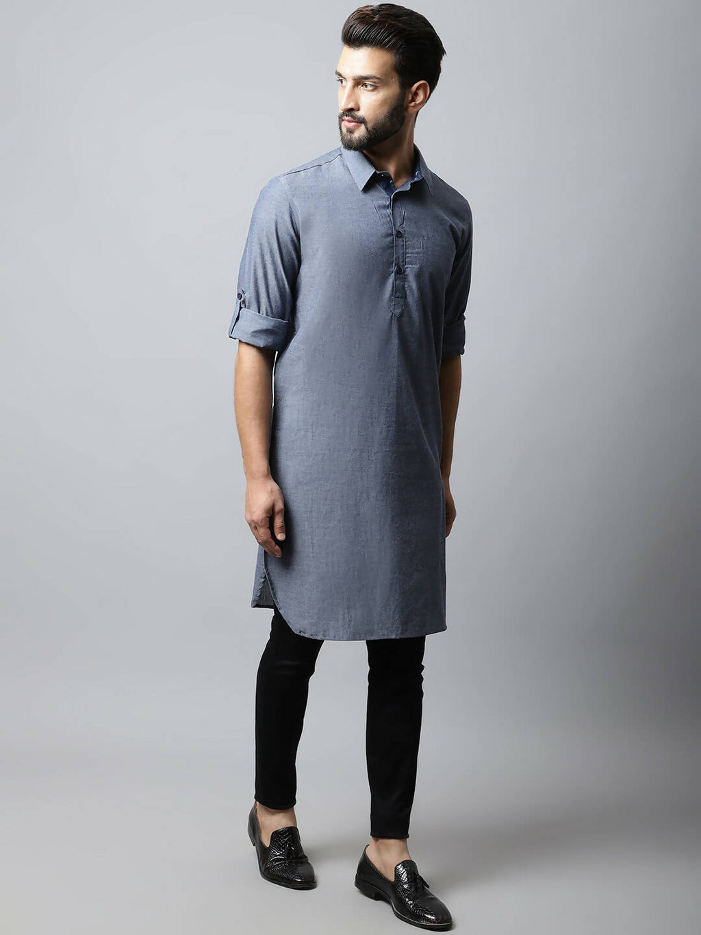 Even Apparels Grey Color Pure Cotton Solid Men's Kurta With Shirt Collar (MMS149)