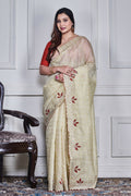 Morchari Beige Kota Check Zari Embroidery Saree Unstitched Blouse