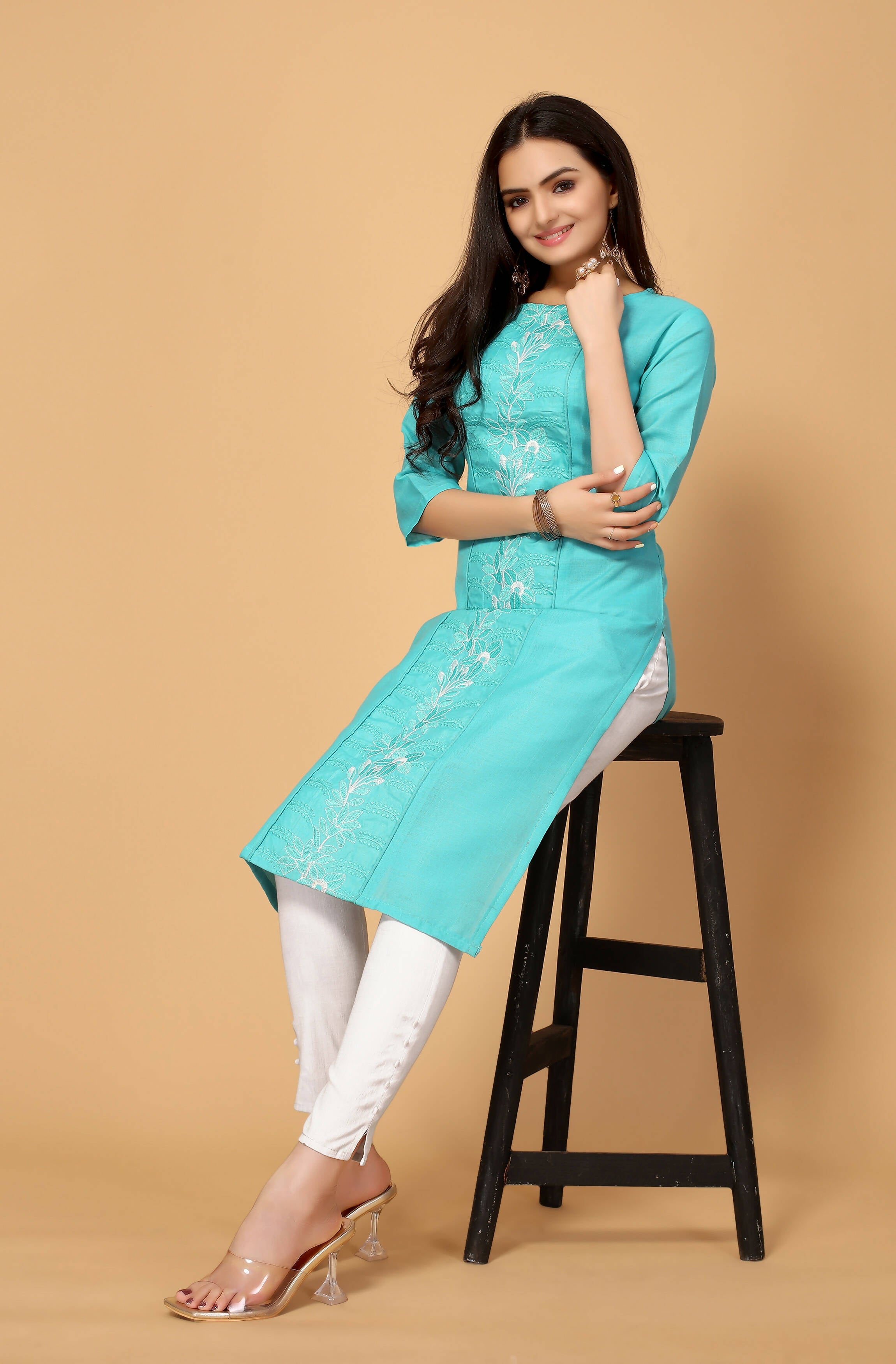 Light Green Cottan Slub Embroidery Kurti - Umi