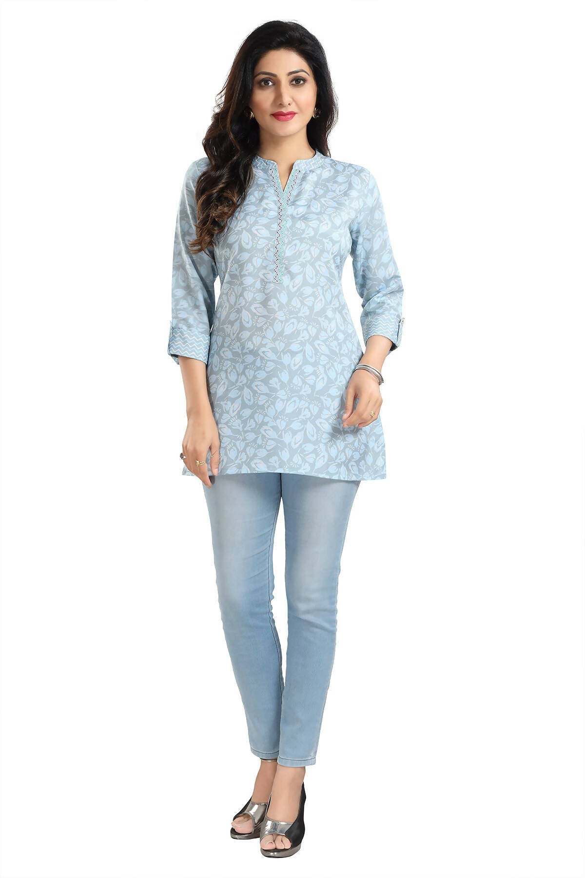 Snehal Creations Pretty Pastel Blue Rayon Short Kurti Tunic Top