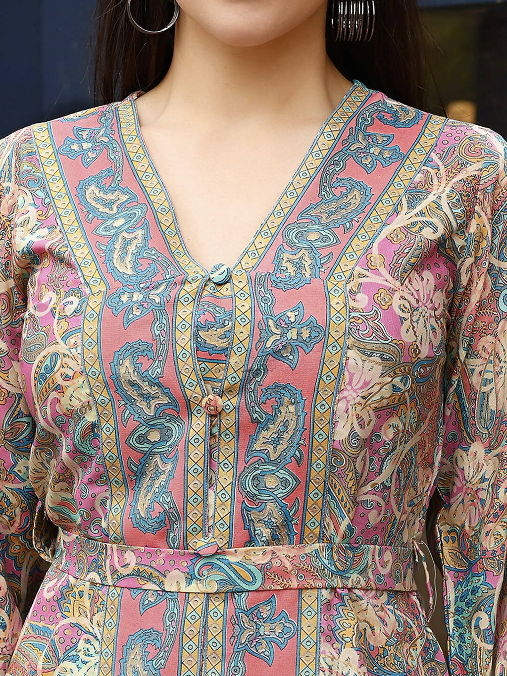 Pink Rayon Paisley & Floral Printed Top with Matching Bottom - Eesha