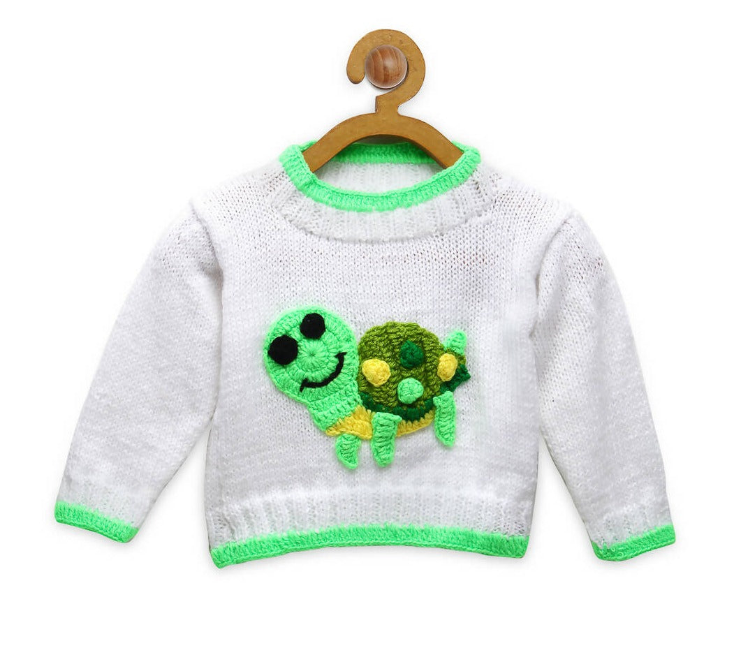 Chutput Kids Woollen Hand Knitted Turtle Design Sweater - White