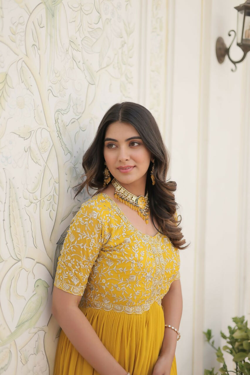 Vastranavya Faux Blooming with Embroidery Zari Sequins-work Gown - Yellow