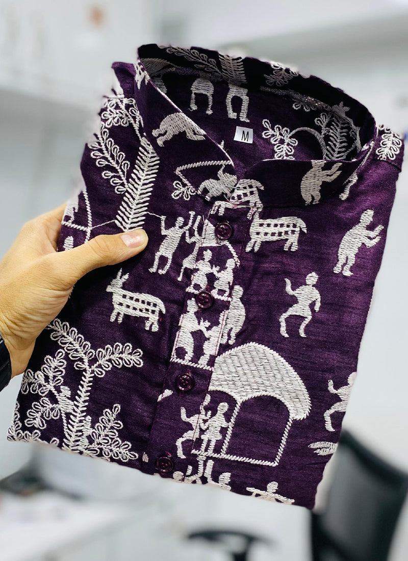 Prazu Fashion Violet Lucknowi Silk Kurta With Pajama