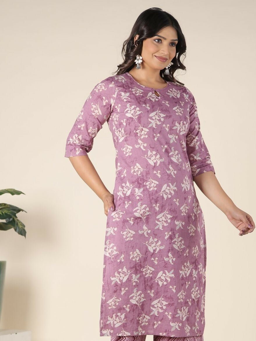 Aramya Pink Soft Cotton Floral Straight Kurta for Women