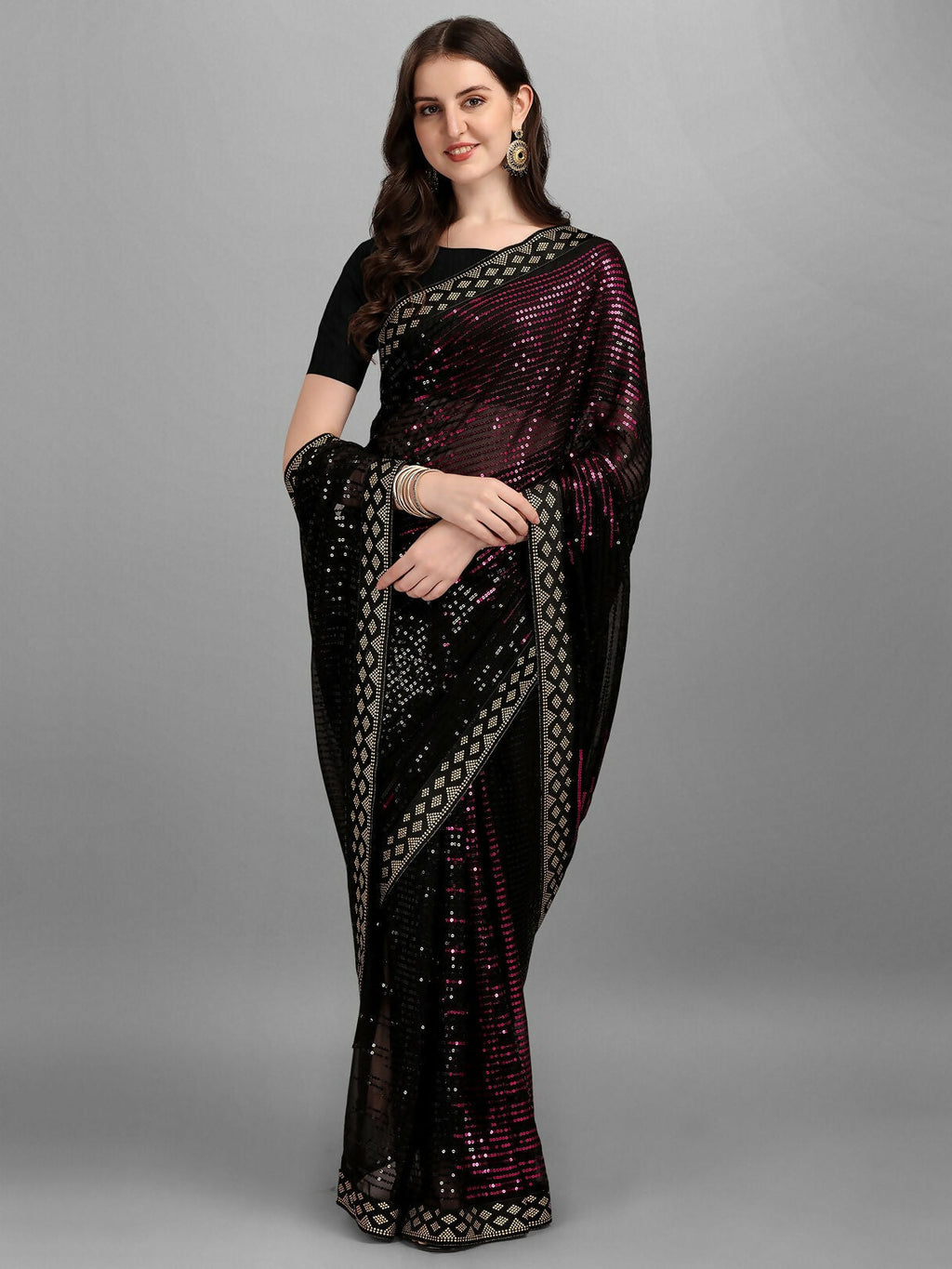 Vegaa Fashion Black Georgette Embroidered Party Wear Saree