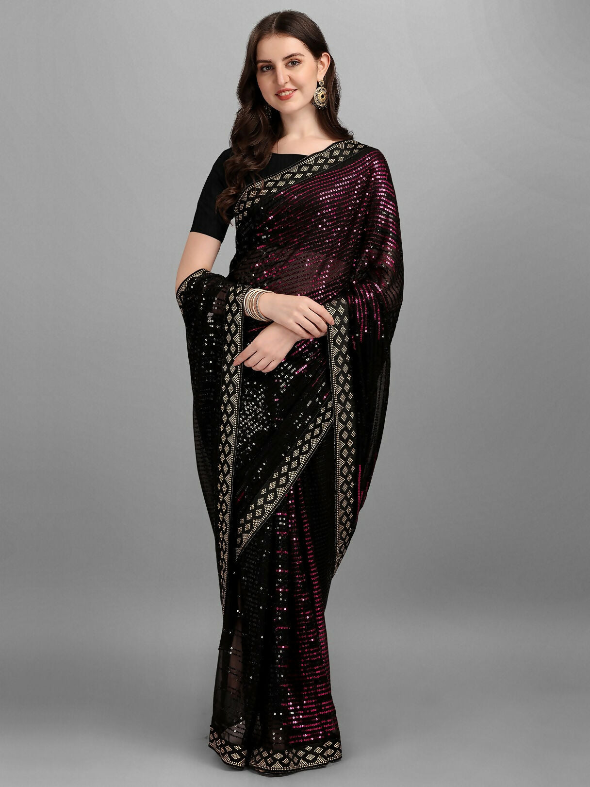 Vegaa Fashion Black Georgette Embroidered Party Wear Saree