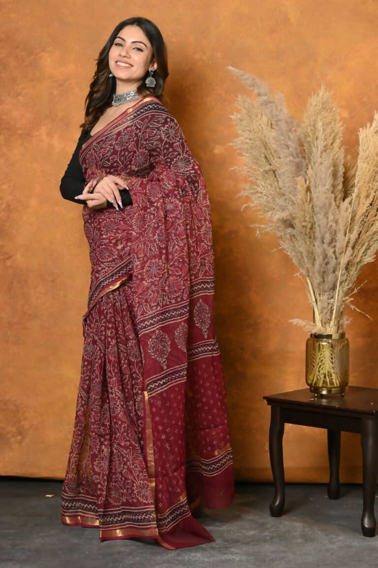 Very Much Indian Pure Kota Cotton Handblock Printed Saree - Red