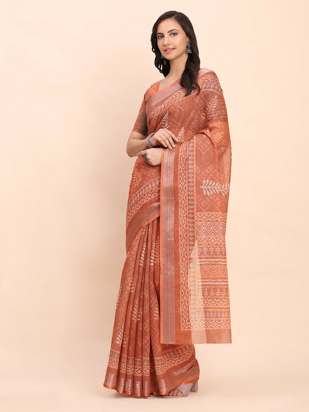Shree Shyam Fashion Linen Cotton Rust Saree