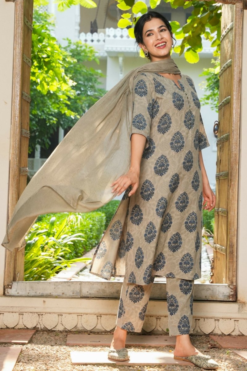 Aramya A-line Linen Cotton Floral Print Women's Kurta - Grey