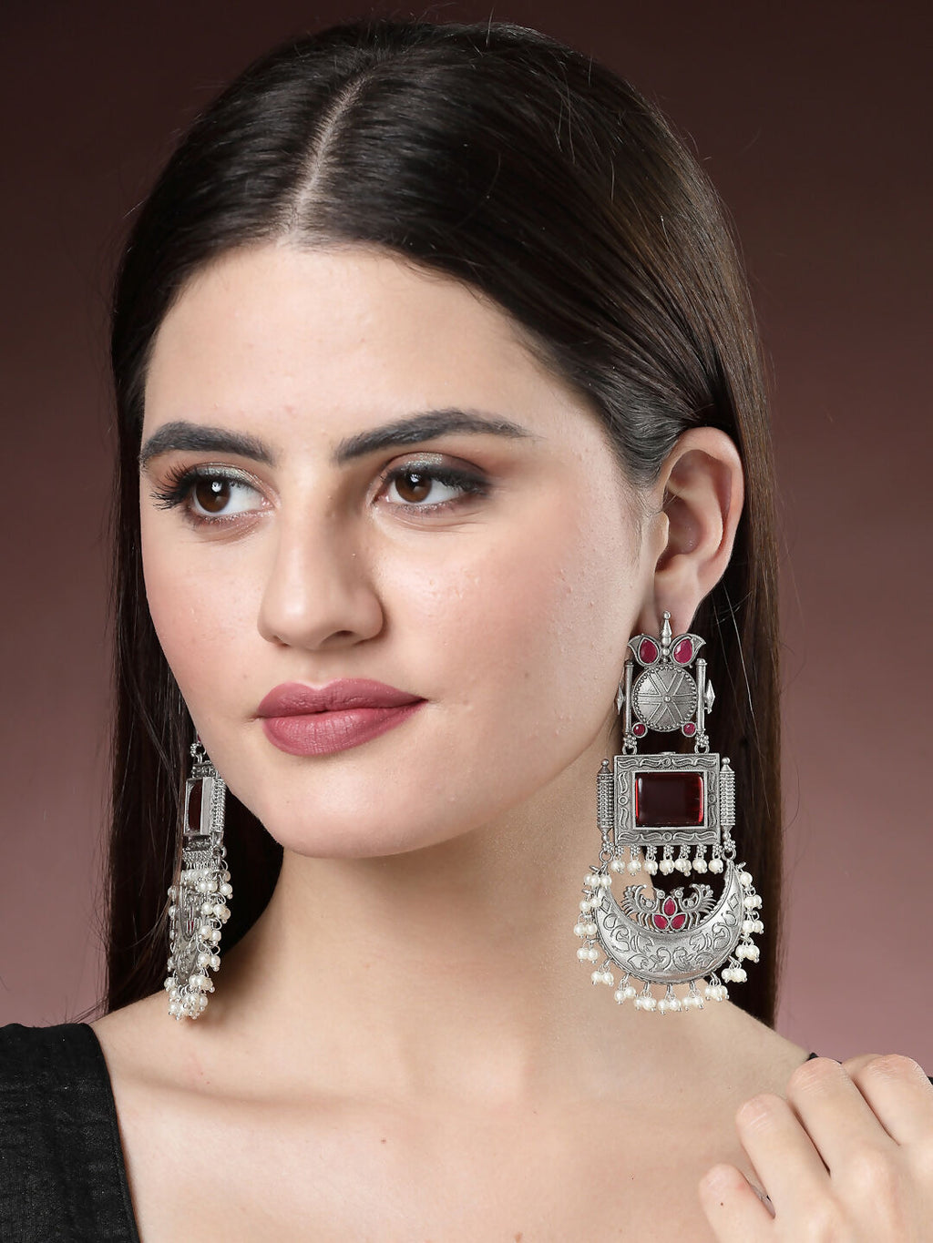 NVR Women's Silver-Plated Artificial Stones and Beads Chandbali Earrings