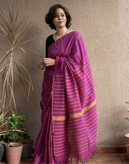 Exclusive Collection Khadi Cotton Handloom Khesh Saree With Blouse Piece - Purple
