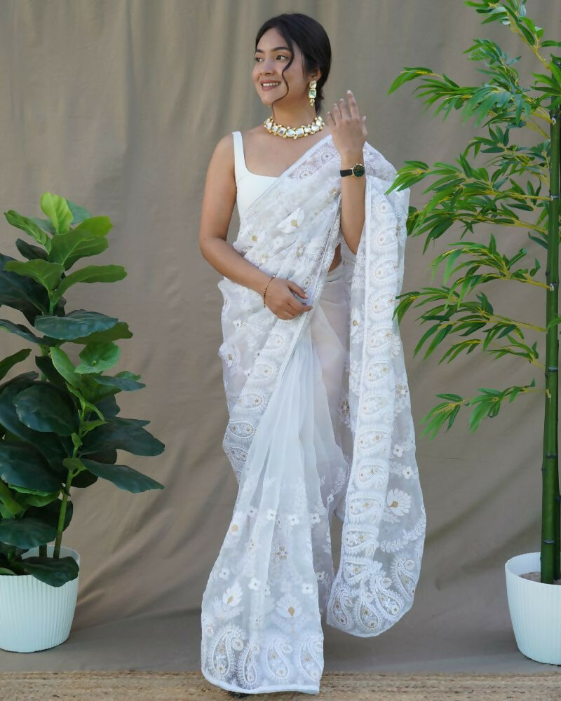 Vamsee Amisha White Organza Saree