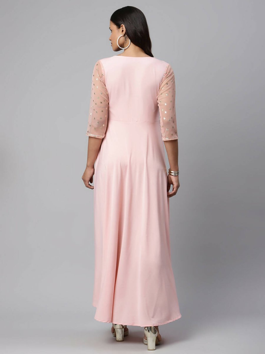 Ahalyaa Women Pink Crepe & Net Foil Print Dress