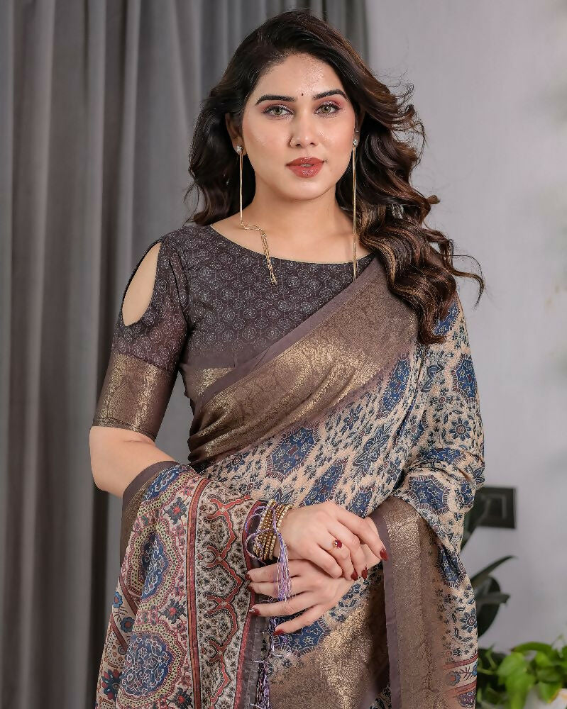 PR Fashion Grey Pure Handloom Linen Saree