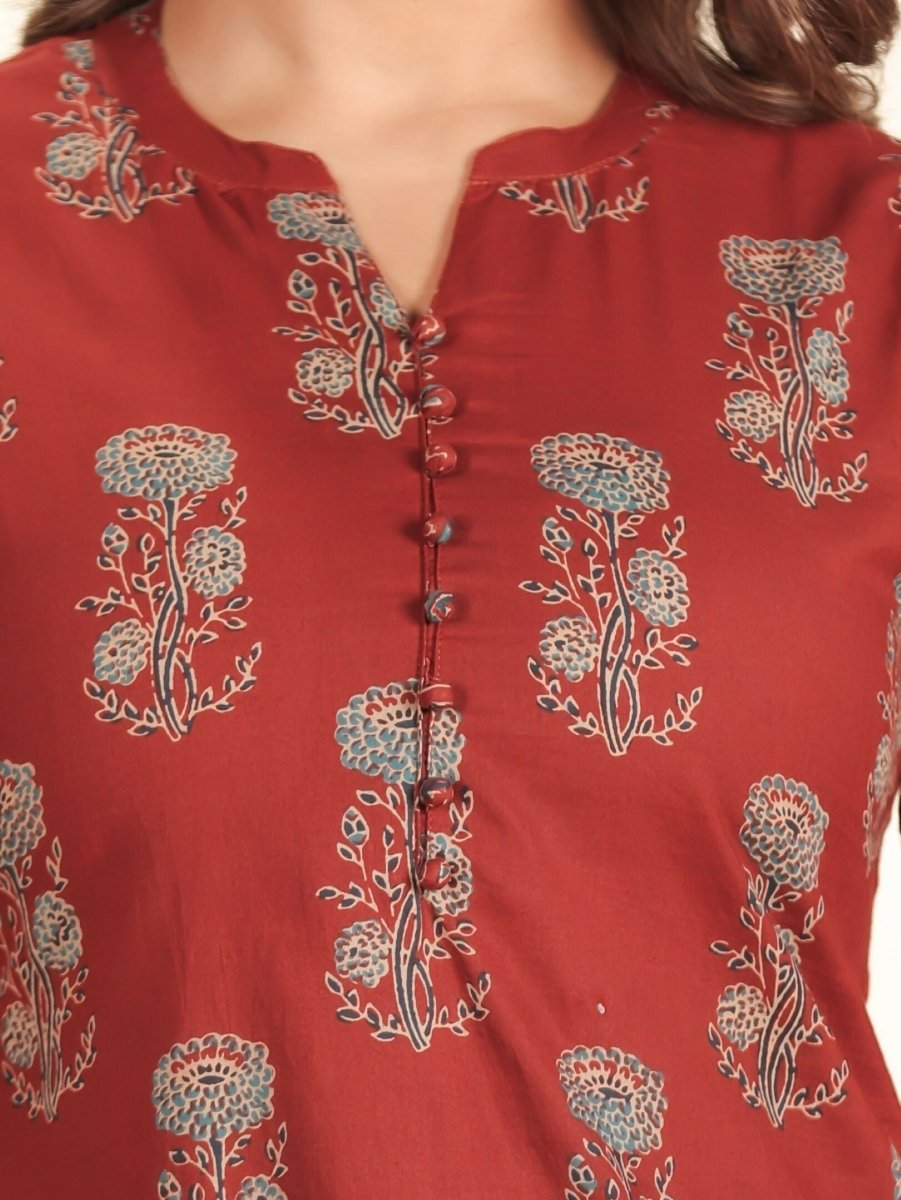 Aramya Maroon Soft Cotton Floral Print Straight Kurta Set for Women