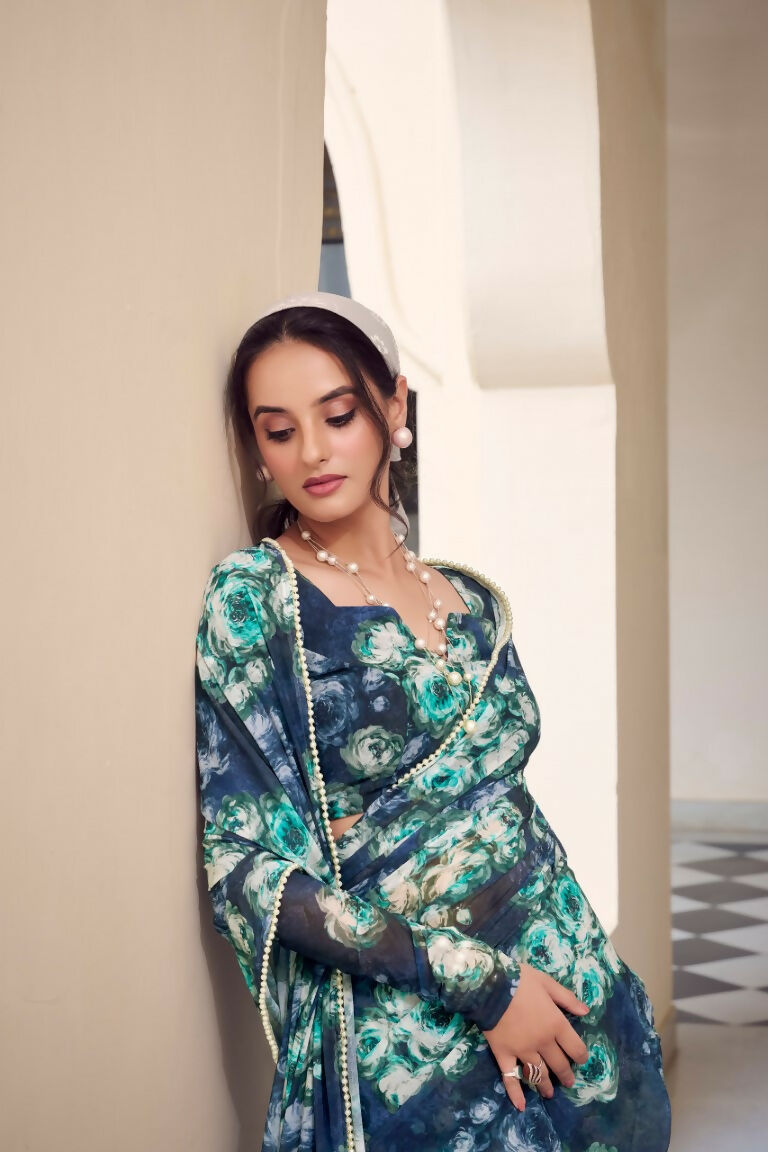 Vastranavya Navy Blue Weightless Marble Printed & Pearl Lace Border Saree with Unstitched Blouse