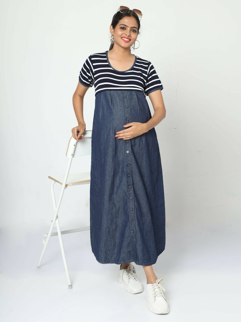 Manet Half Sleeves Maternity Dress White Striped With Concealed Zipper Nursing Access - Navy