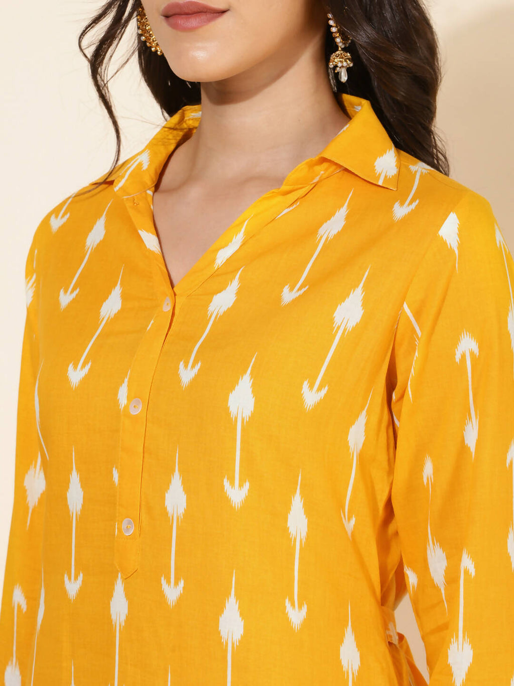 Janasya Women's Yellow Cotton Ikkat Printed Casual Straight Co-ords