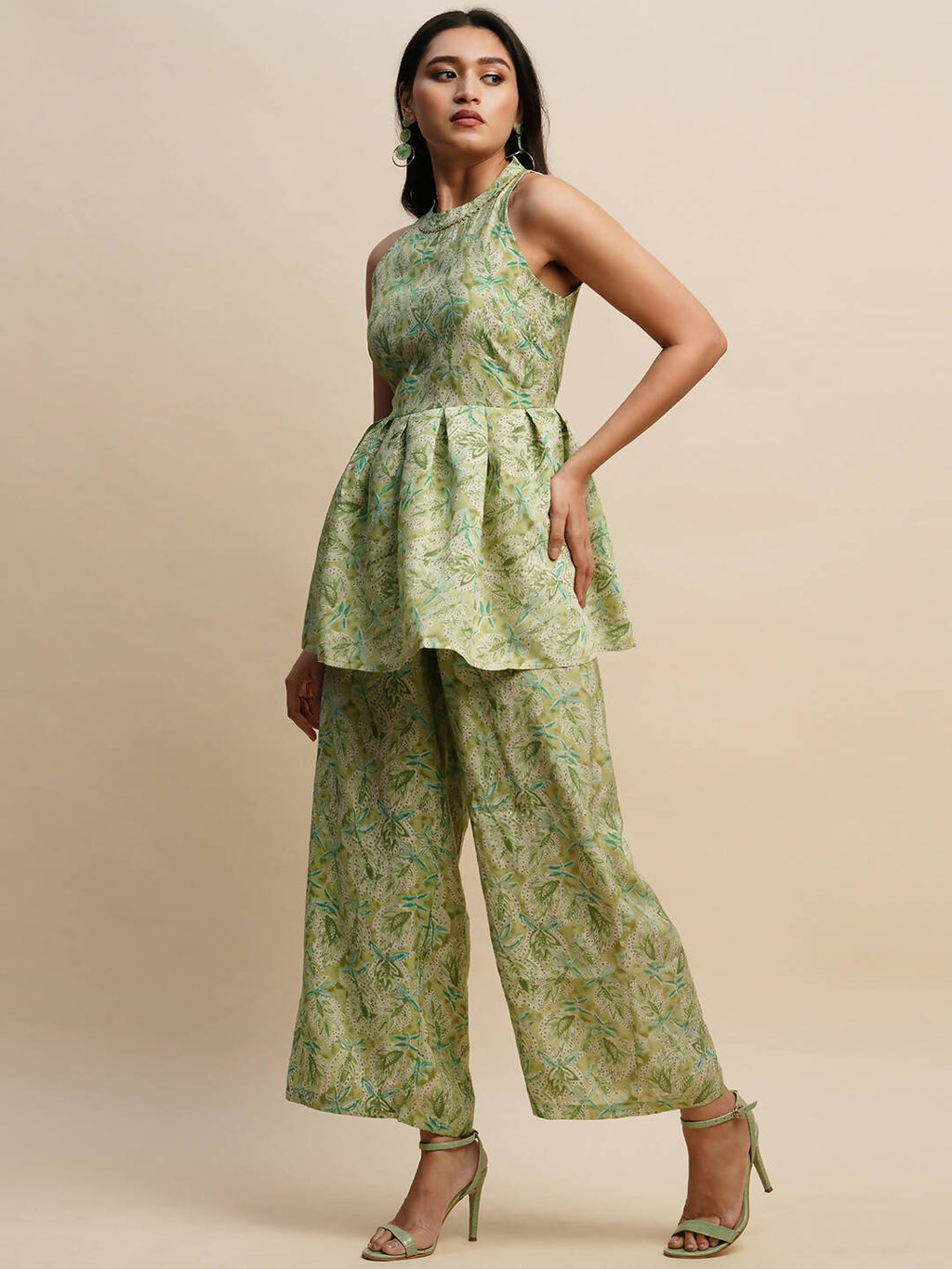 Green Poly Rayon Floral Printed Top with Matching Trouser - Shivani
