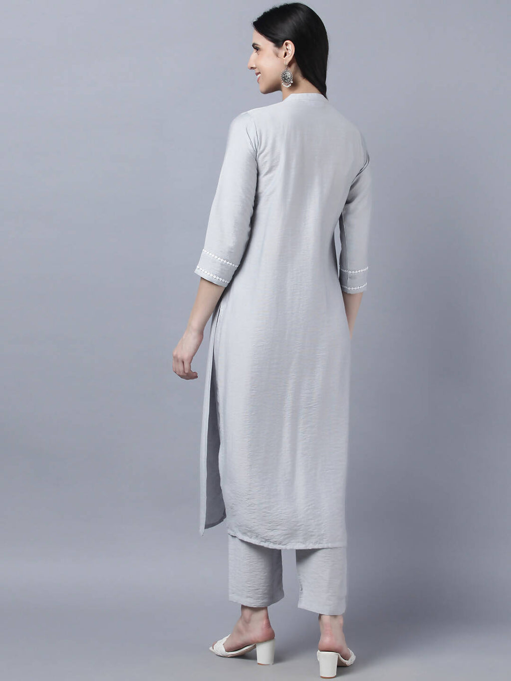 Myshka Stylish Grey Viscose 3/4 Sleeve Women's Kurta Pant Set