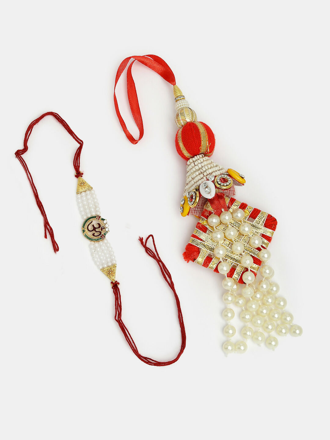 NVR Women & Men Set of 2 White Pearl Bhaiya Bhabhi Rakhi With Roli Chawal
