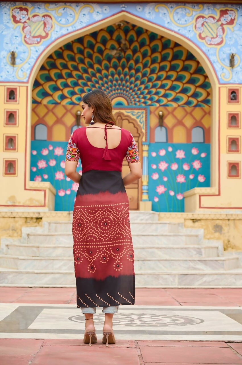 Vastranavya Maroon Navratri Special Kutchi Gamthi Work with Printed Kurti