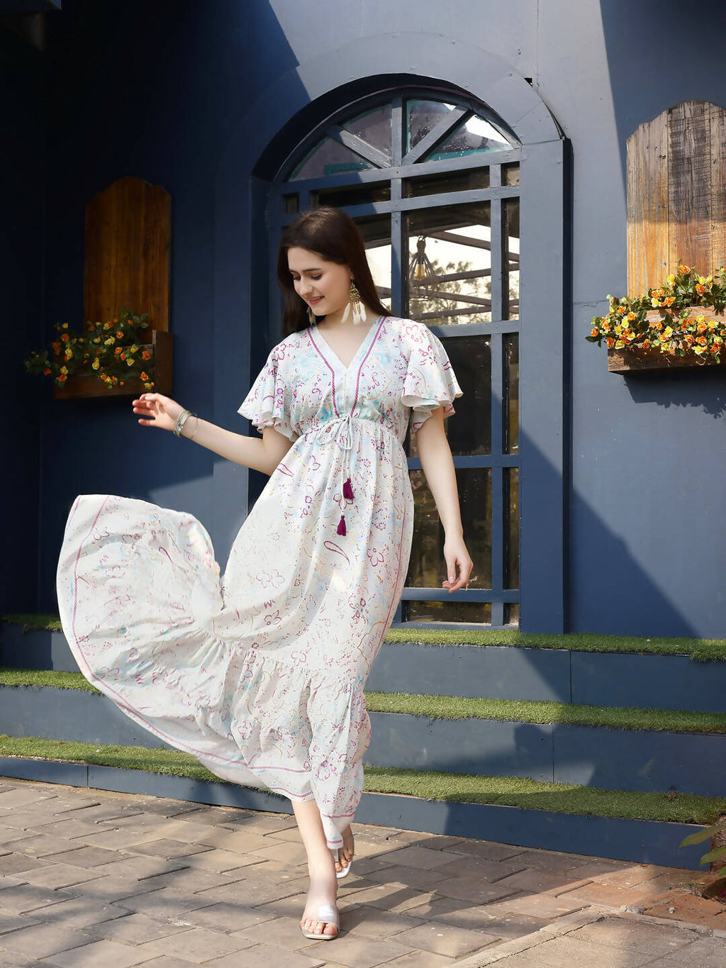 Off white Rayon Foil Printed Long Dress - Michan