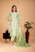 Women's Cotton A-Line Green Kurta Pant With Dupatta Set - A2M