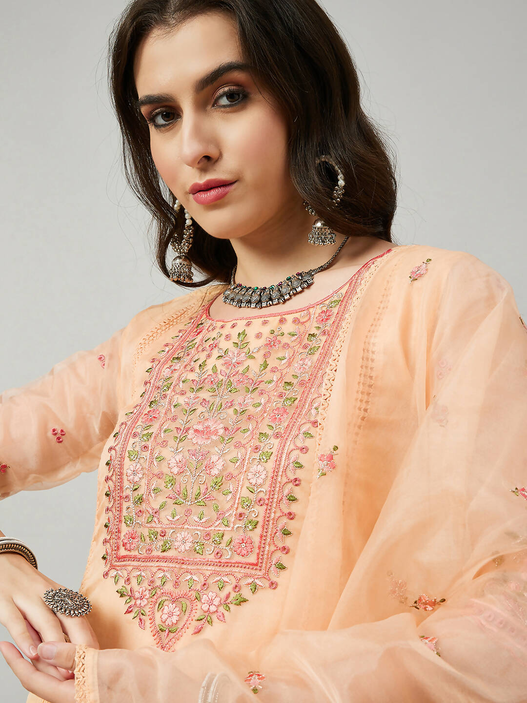 Orange Organza Embroidered Kurta with Bottom & Dupatta - Salimar