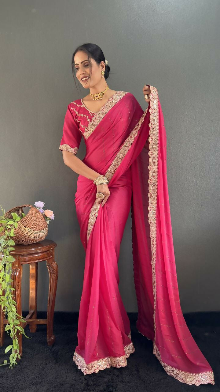 Vastranavya Pink Georgette Silk Swarovski & Heavy Lace Work Ready to Wear Saree