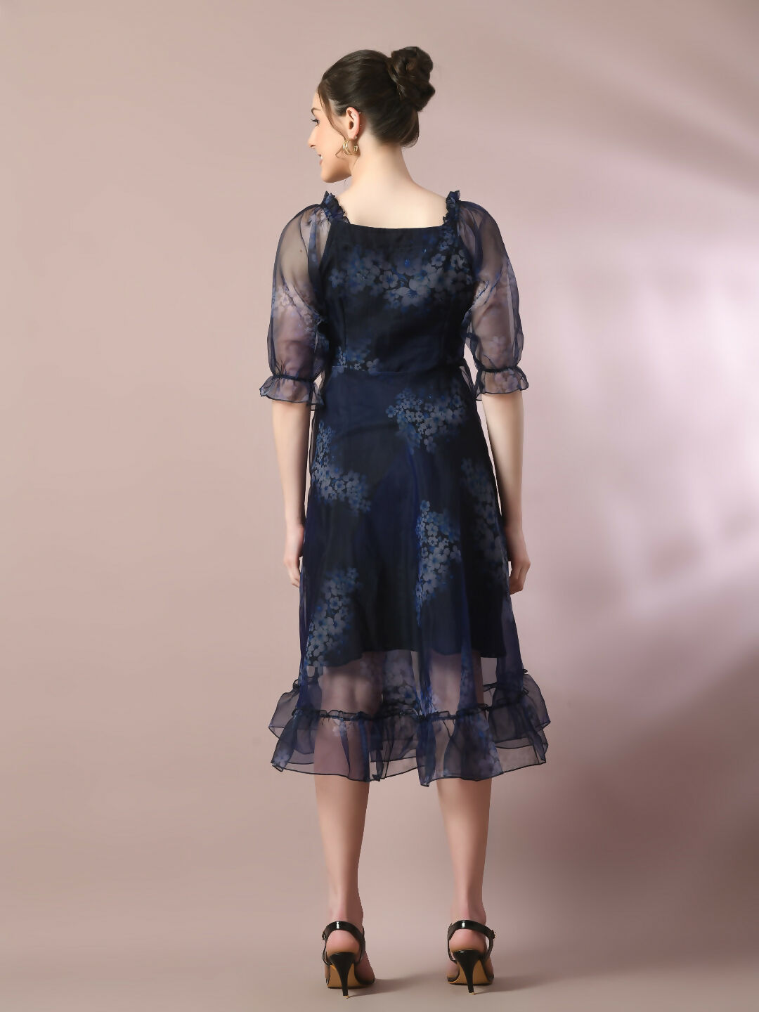 Myshka Women's Navy Blue Printed Square Neck Fit and Flare Party Dress
