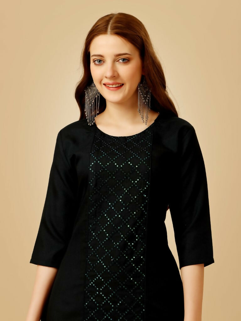Jyoti Fashion Women's Black Cotton Blend Embroidered Kurta Pant Set