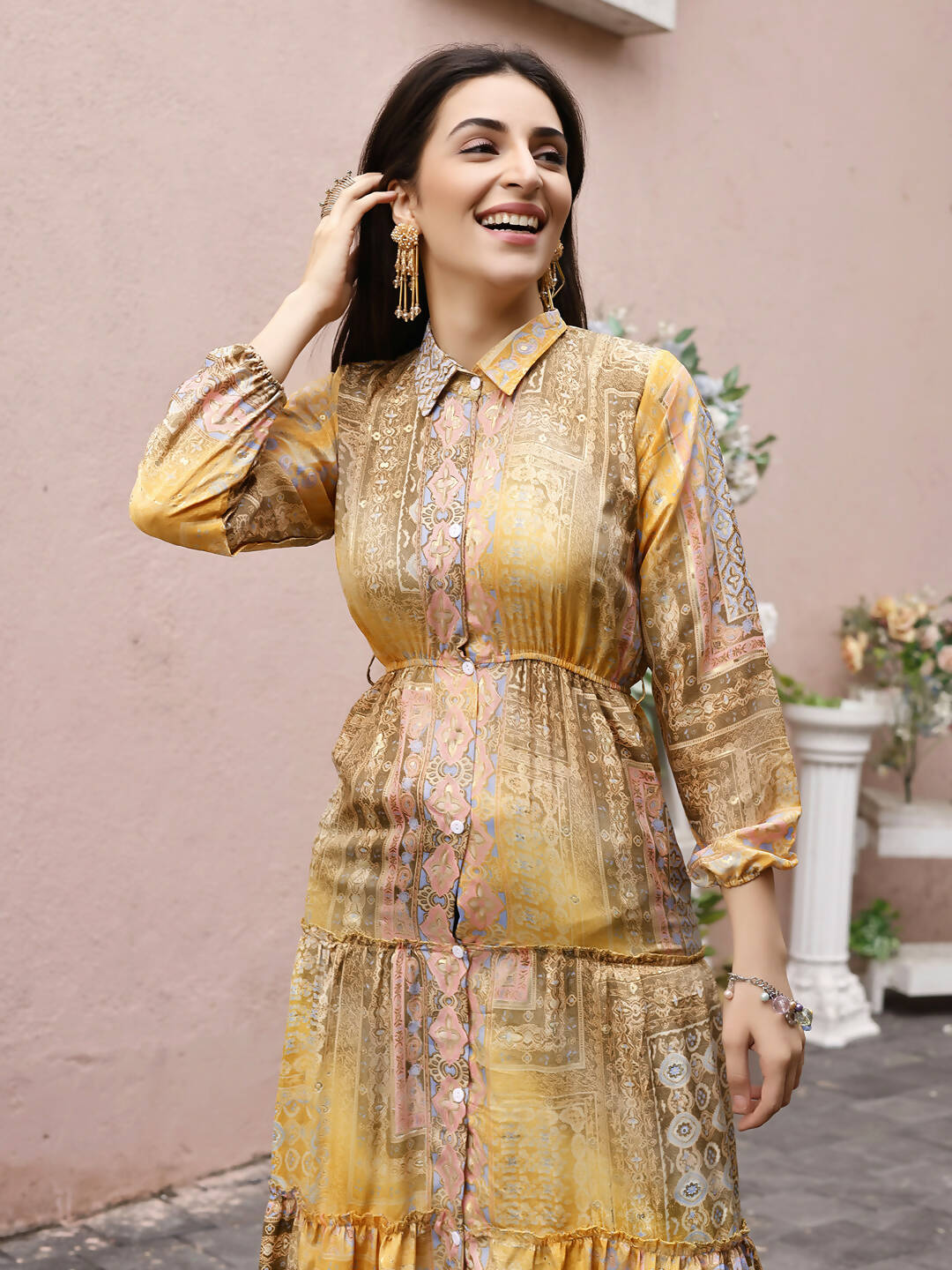 Mustard Crepe Foil Printed Long Dress - Michan