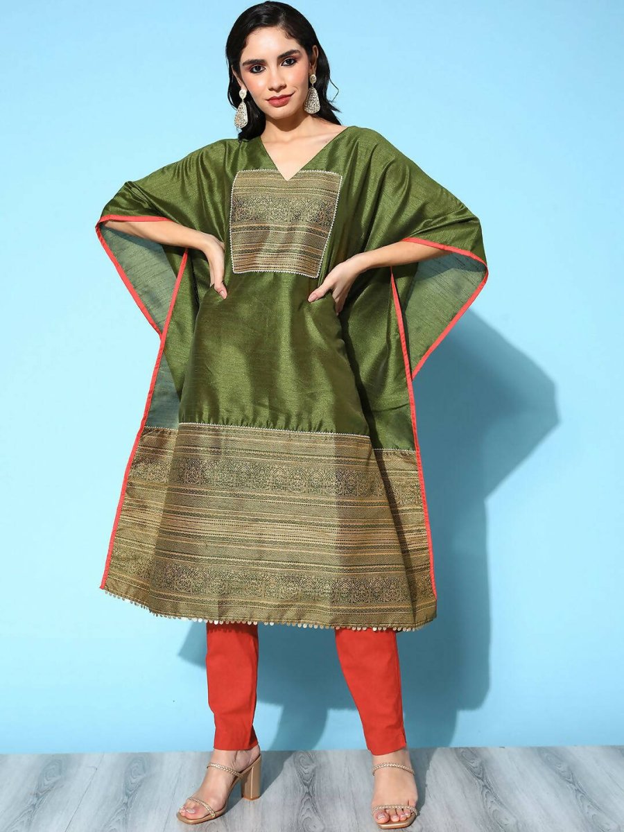 Ahalyaa Women Mehendi Poly Silk Gold Printed Kaftan Kurta