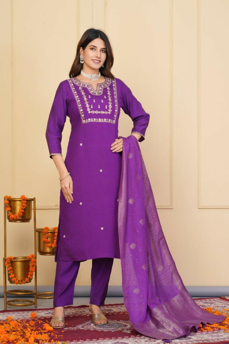 Purple Viscose Chanderi Embroidered Stitched Suit With Dupatta - Tanisha