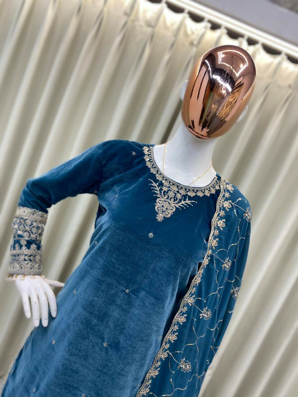 Vastranavya Sea Blue Velvet Sequence Embroidery Work Kurta & Bottom With Dupatta