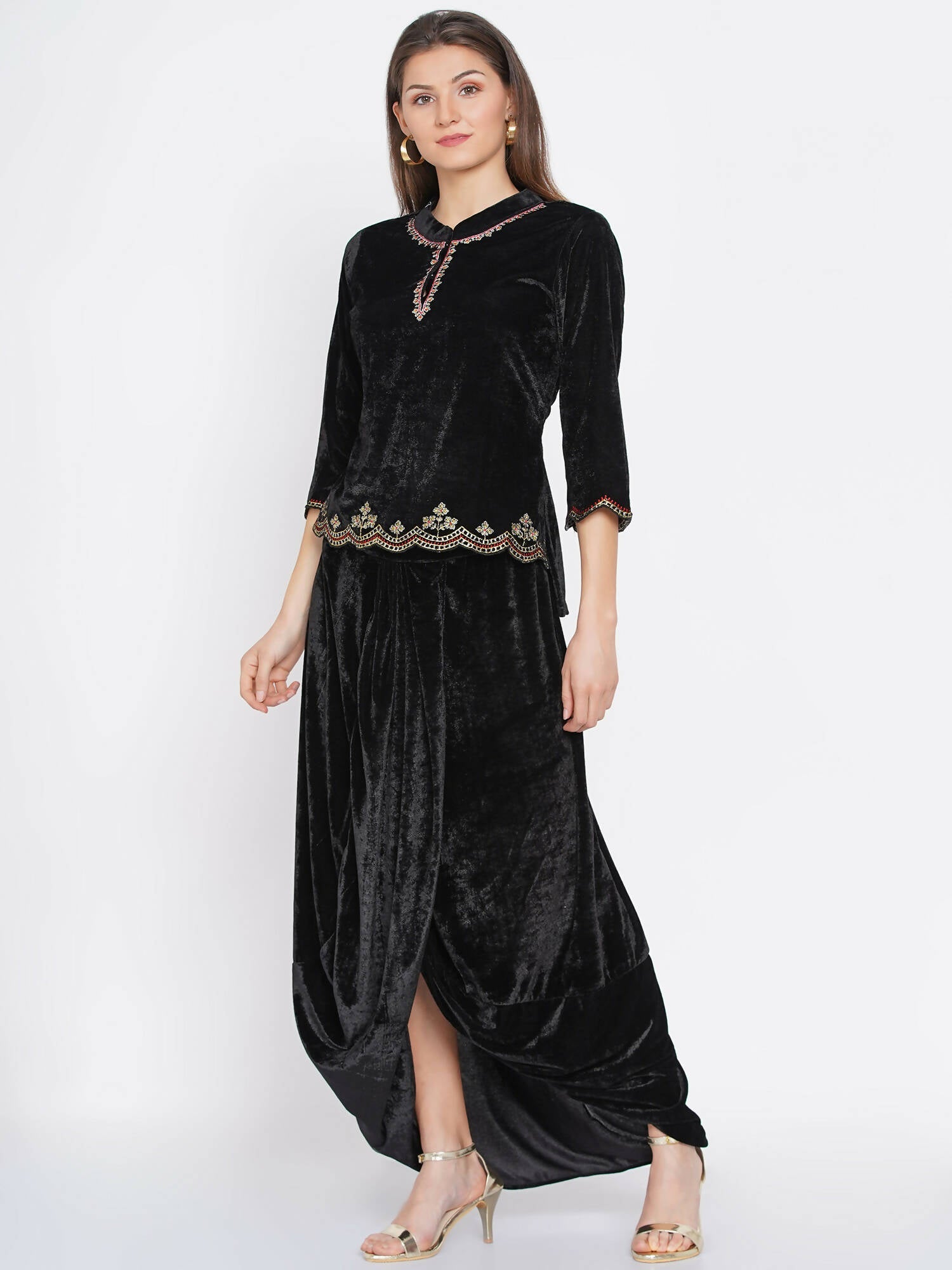 Women Republic Black Velvet Embroiderd Koti With Dhoti Pants