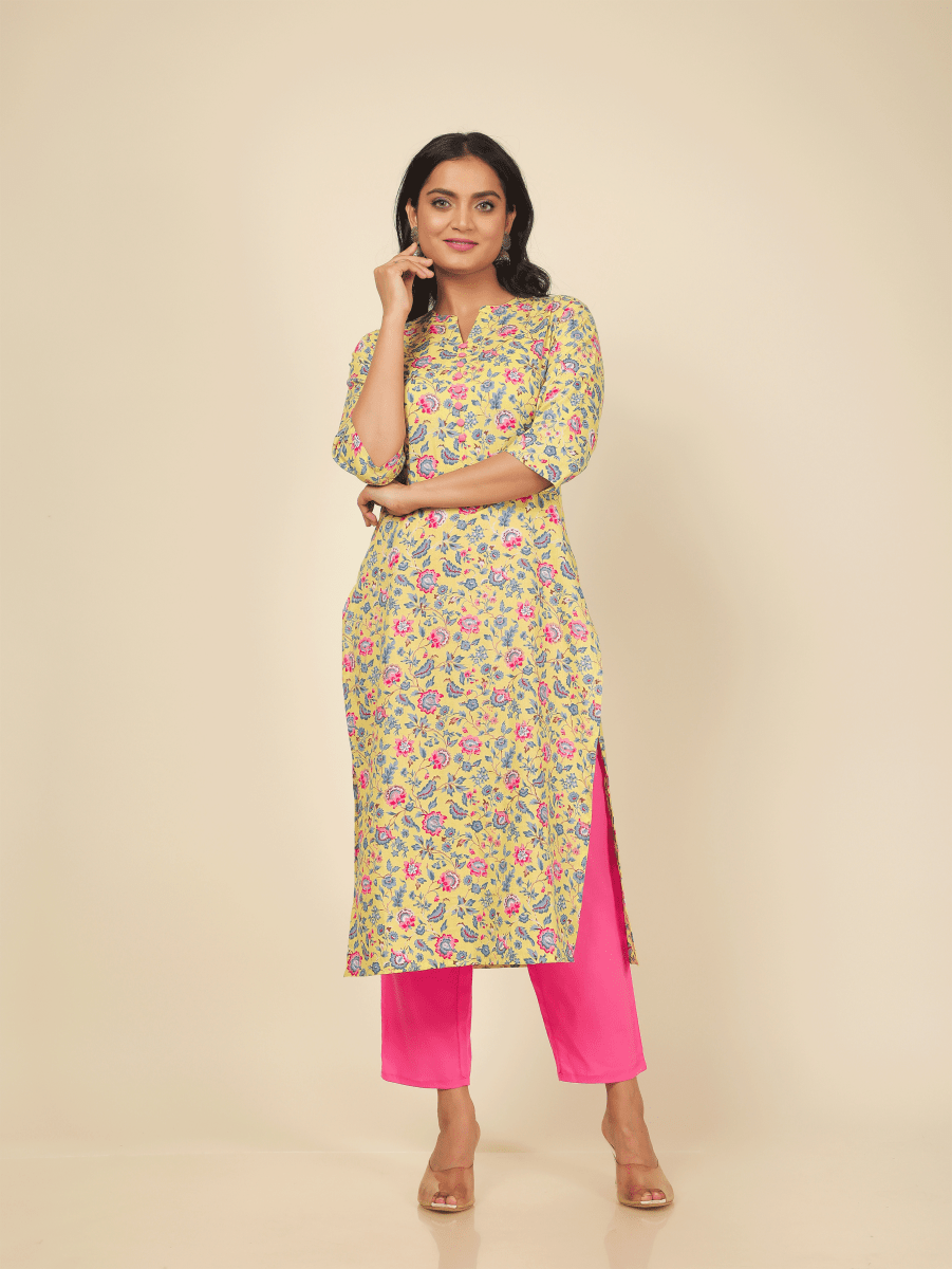 Aramya Straight Soft Cotton Floral Print Women's Kurta - Yellow