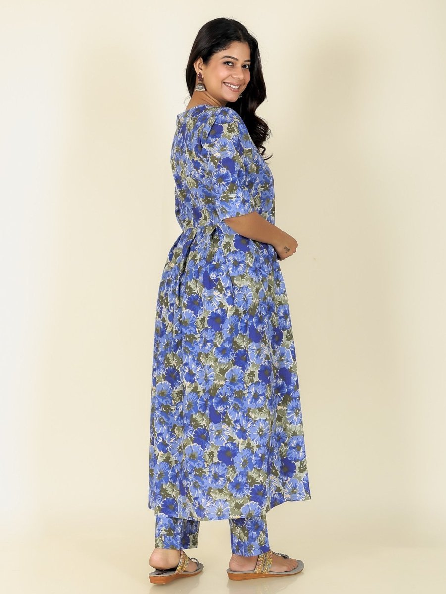 Aramya A-line Soft Cotton Gold foil Print Women's Kurta Set - Blue