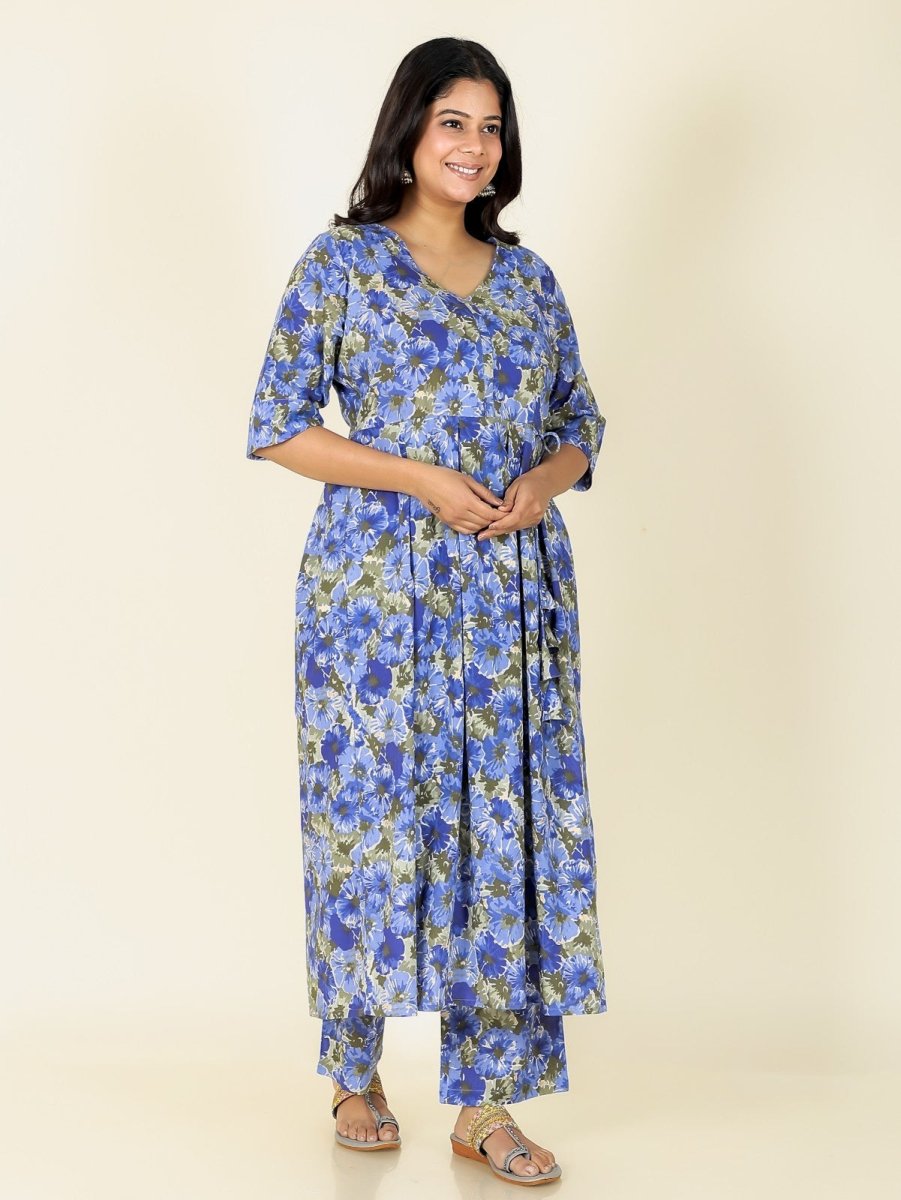 Aramya A-line Soft Cotton Gold foil Print Women's Kurta Set - Blue