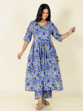 Aramya A-line Soft Cotton Gold foil Print Women's Kurta Set - Blue