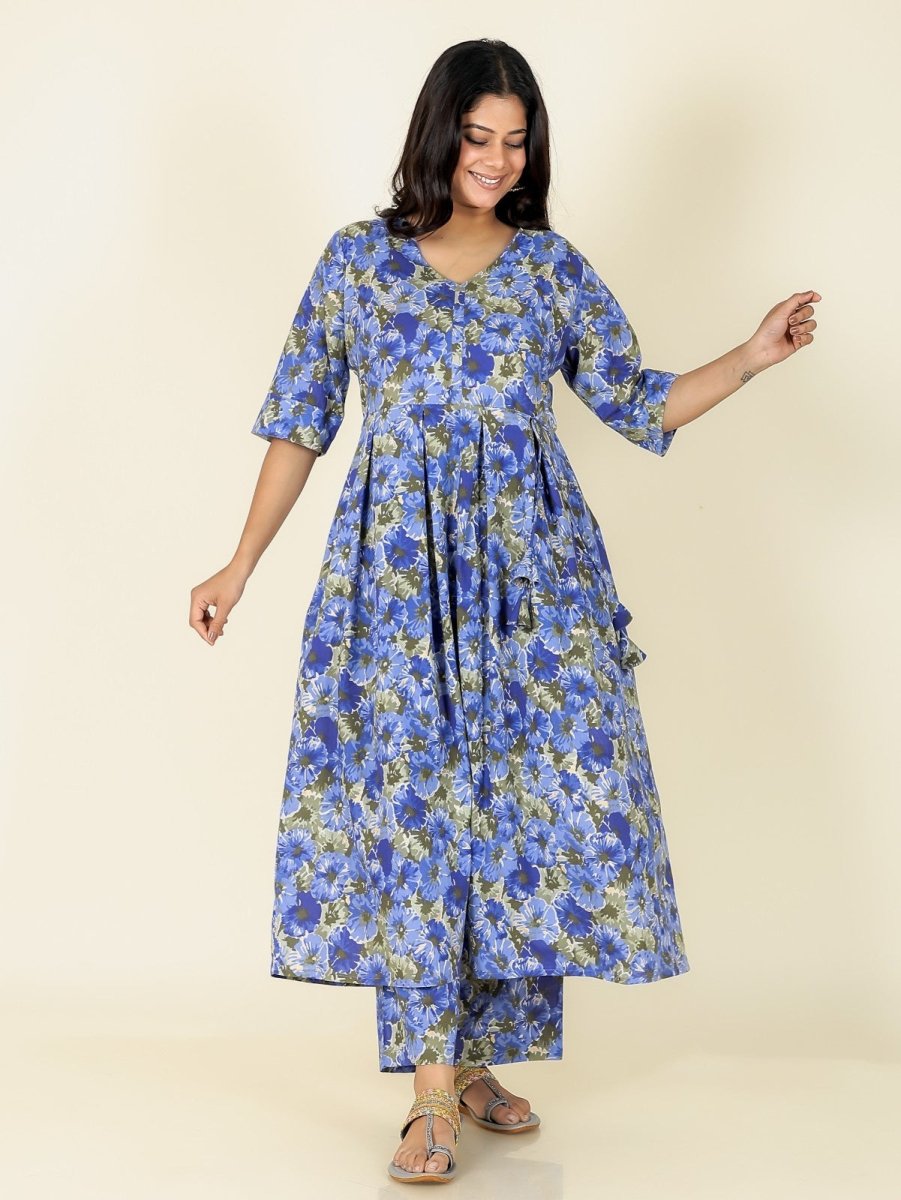 Aramya A-line Soft Cotton Gold foil Print Women's Kurta Set - Blue
