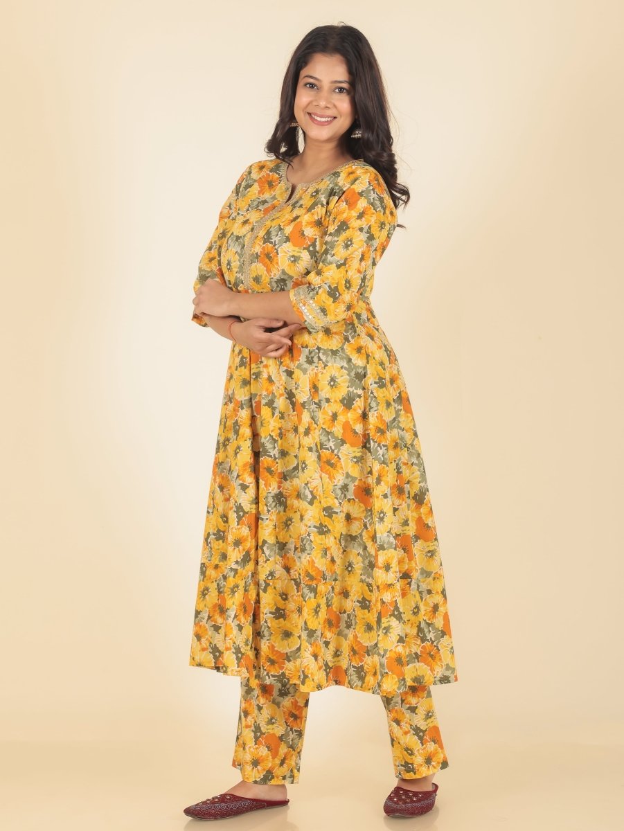 Aramya Anarkali Soft Cotton Floral Print Women's Kurta - Yellow