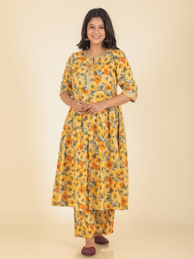 Aramya Anarkali Soft Cotton Floral Print Women's Kurta Set - Yellow