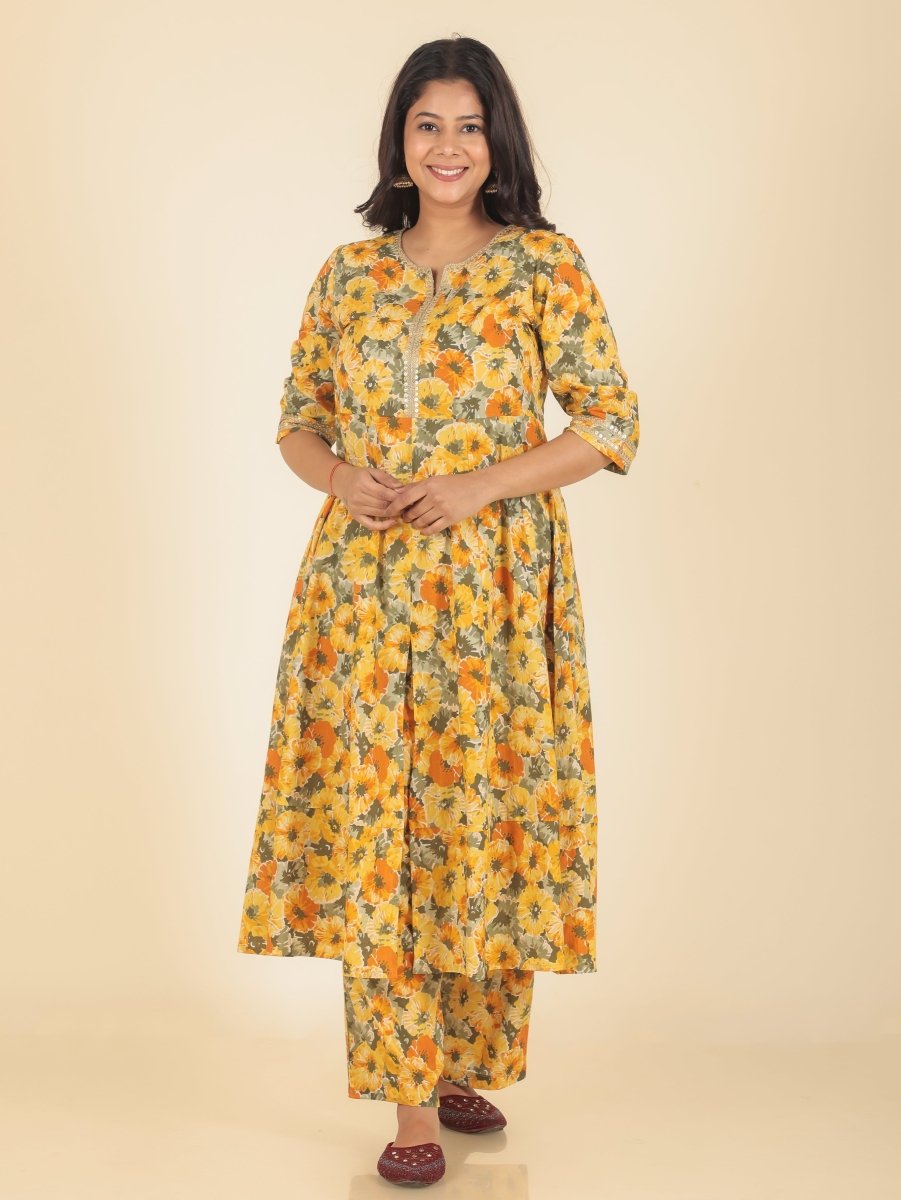 Aramya Anarkali Soft Cotton Floral Print Women's Kurta - Yellow