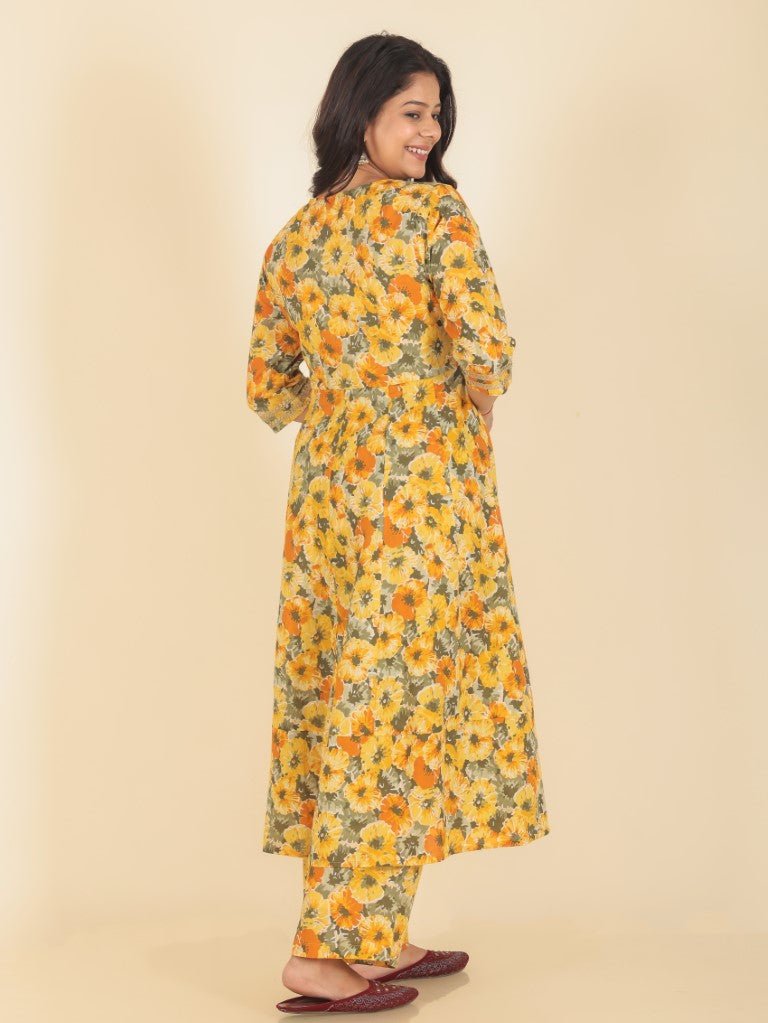 Aramya Anarkali Soft Cotton Floral Print Women's Kurta Set - Yellow